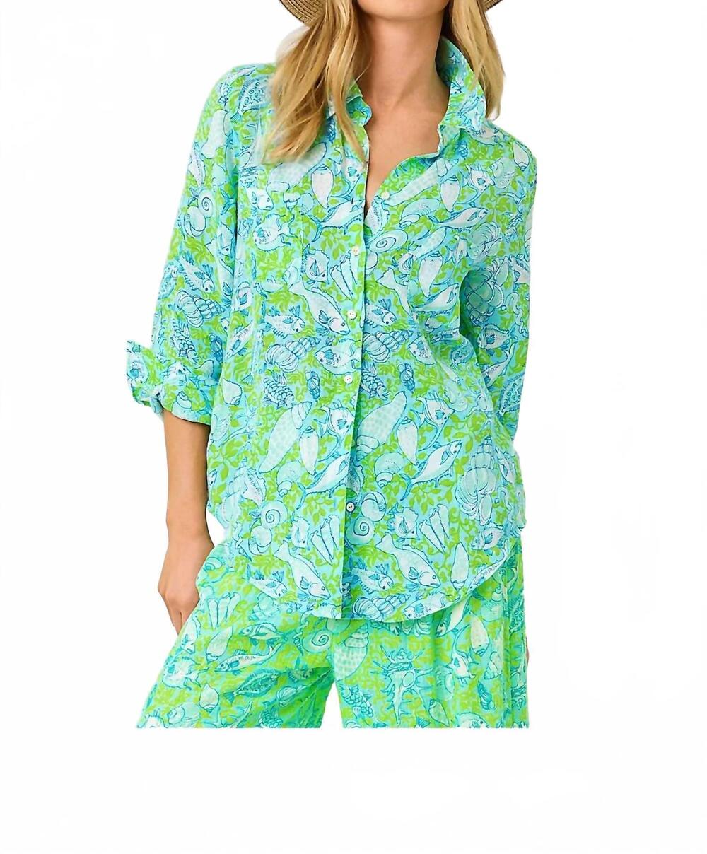 NEW LILLY PULITZER sea view linen button down top in day dream blue throw me a l